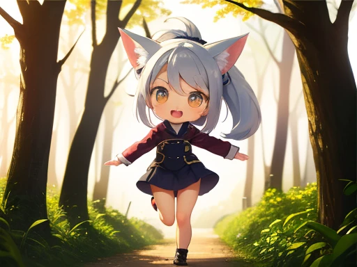 highres, , a fox, nenodroid, glad, laughing, jumping, looking at viewer, ponytail, blunt cut, silver hair, golden eyes, big eyes, eyes open, fair skin, chibi, slim, have almost no clothes on, ribbon, with fox ears, , japanese, white background, in the fore...