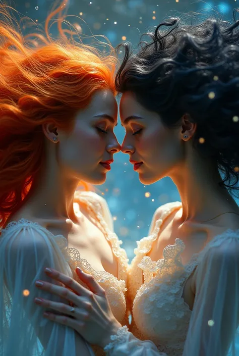 two women, one redhead and one with dark brown hair, slightly wavy hair, (work of art,Distinctive Quality,mirror-like,Cinematic experience,insanely detaileda,absurderes),8k,wall-paper,(ray tracing),Physically based rendering,ultra-fine painting,Narrow your...