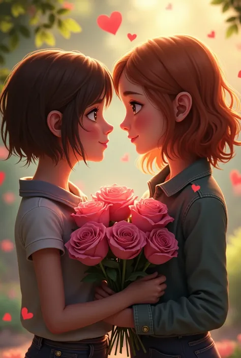 Maxine Caulfield (Life Is Strange) giving Ellie Williams (The Last of Us) pink roses, both show affection and love, surrounded by red hearts