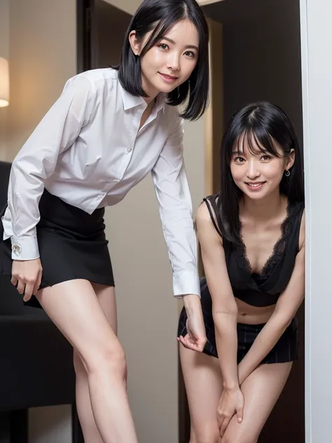 (Highest quality:1.5)、(masterpiece:1.5)、(8k:1.5)、((very small flat chest:2.0))、(Sleeveless, tight-fitting business shirt with lace:1.5)、(A short skirt so short that you can see her panties:1.5)、(Slender:1.5)、(Blushing:1.5)、(smile:1.5)、(whole body)、(Thin an...