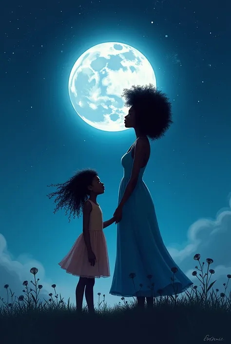 a black child, loose hair with her mother with afro hair admiring the full moon on a starry night
