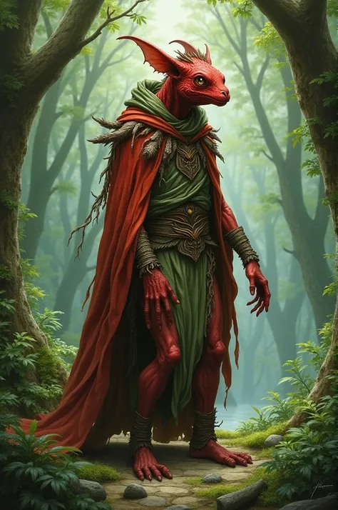 a druid, of the Grung race of Dungeons & Dragons, he is thin and red, druid vestments