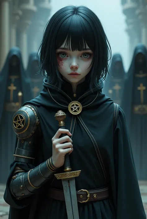 A pale girl with short black hair, from the middle ages 3D, realisitic, arcane style, with light eyes dark alchemist clothes with left robotic arm steampunk with pentagram, cut on the face, with a look of suffering and hate, dagger, the night, with a relig...