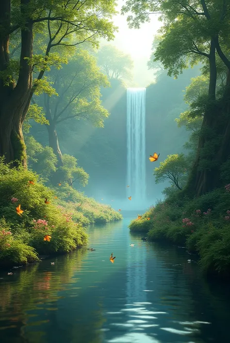 a hyper-realistic image in high definition, a narrow river with calm, clear waters, running through a forest in a valley, vast vegetation and foliage around, birds and butterflies flying, Fantasy Atmosphere, fairy tale look, dew on vegetation, a waterfall ...