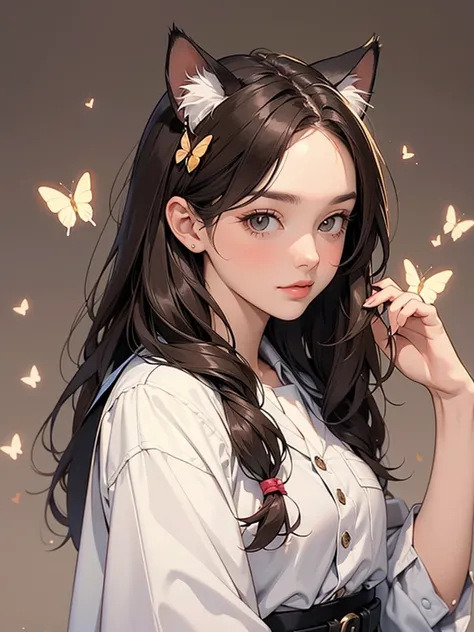 School scout outfit, long hair, brown hair, cat ears, hair ornaments, butterflies background, adult woman.