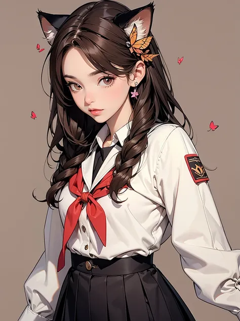 School scout outfit, long hair, brown hair, cat ears, hair ornaments, butterflies background, adult woman.