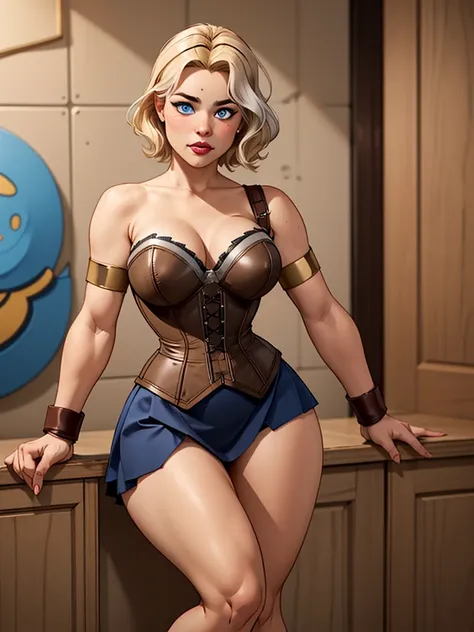 Girl with short blonde hair, blue eyes, Wearing a brown iron corset with a silver armband on one side of the shoulder, wearing a brown leather strip skirt, wearing a tiara on her forehead, and thick thighs, defined breasts