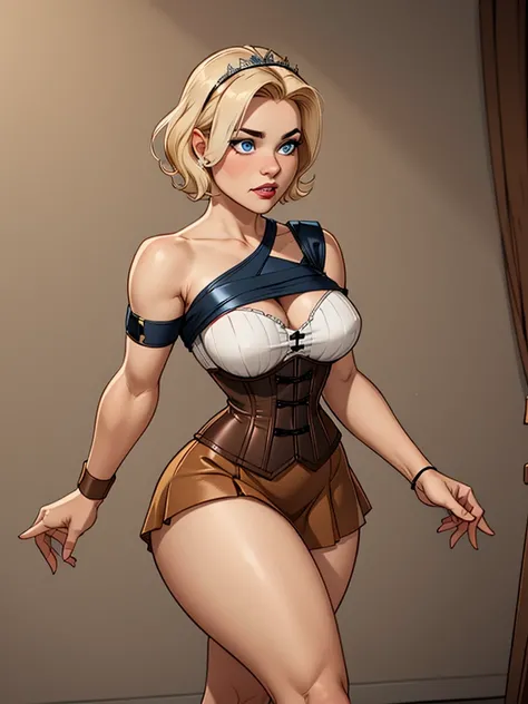 Girl with short blonde hair, blue eyes, Wearing a brown iron corset with a silver armband on one side of the shoulder, wearing a brown leather strip skirt, wearing a tiara on her forehead, and thick thighs, defined breasts