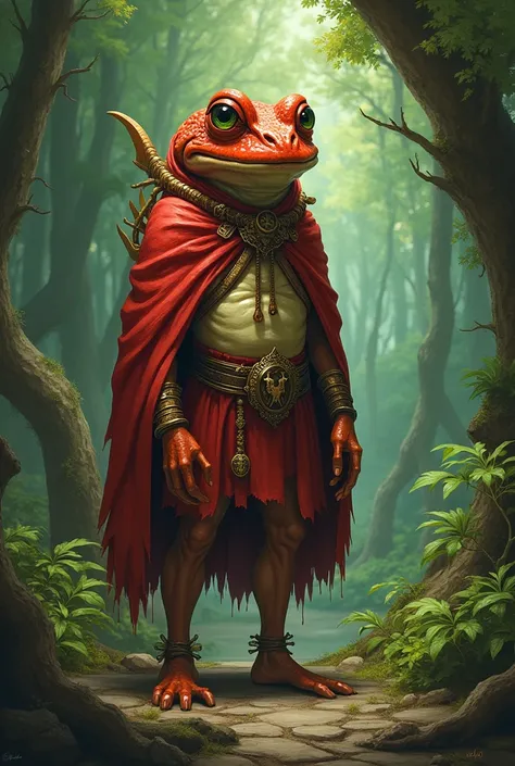 A druid frog, of the Grung race of Dungeons & Dragons, he is thin and red, druid vestments