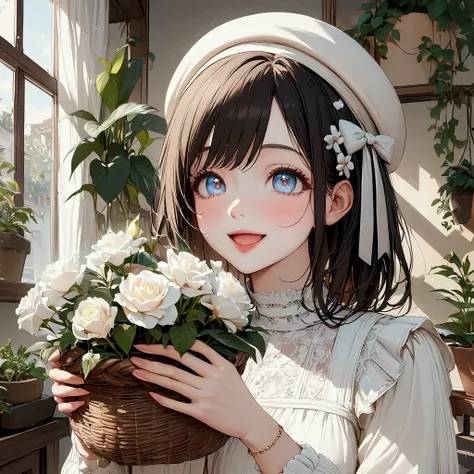 Woman in light-colored casual clothing, holding a basket of flowers in her hands. chic, Soft atmosphere. Soft Light. There are many potted plants and plants in the background.Open your mouth a little, smiling, Bright Eyes, ribbon hair accessories, Anatomic...