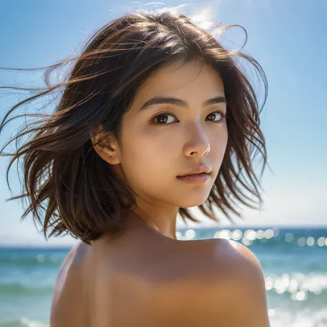 A hyper-realistic image of a single Japanese woman in her early 20s, captured with the nostalgic warmth and pronounced graininess of a film camera, showing her from the shoulders up as she stands on a sunlit beach. Her skin has a warm beige tone with a nat...