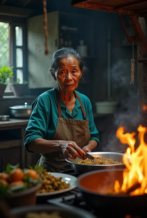 (Photorealism 1.2) high detailed definition cinematic cinematography  old malay women cooking at the kitchen old rusty wood house smoke effect fire flame on 