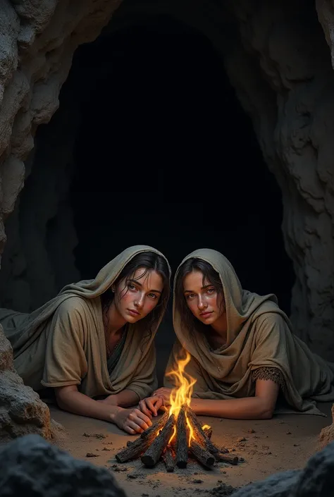 Realistic image of Ruth and Naomi from the Bible sleeping in a cave at night, and with similar clothes