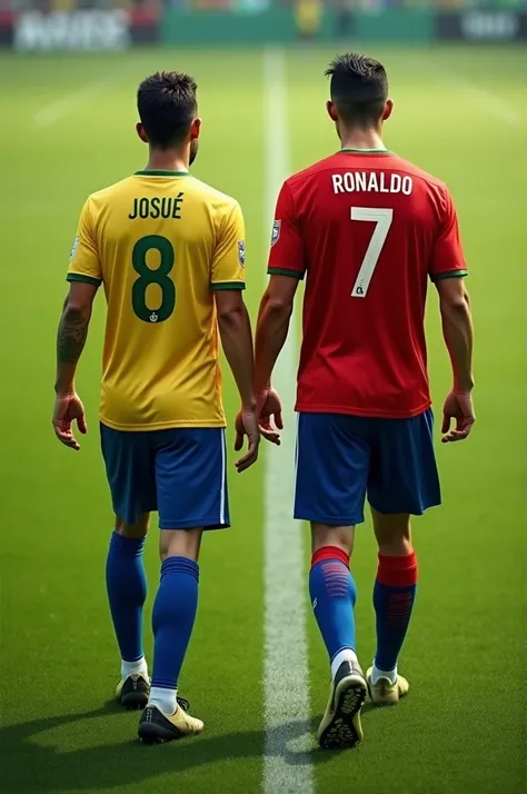 an adult with the Brazilian team shirt with the name "Josué" number 8, with his back walking across the field and Cristiano Ronaldo with his back also walking next to him (cristiano Ronaldo outfit: Portugal team shirt with the name "cristiano Ronaldo " num...