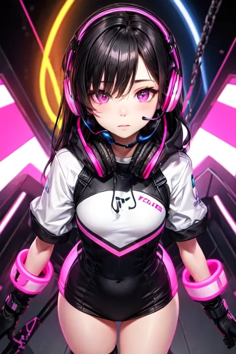 A gamer with straight black hair, black headset, eyes browns, slanted eye, present colors( neon pink and black) 