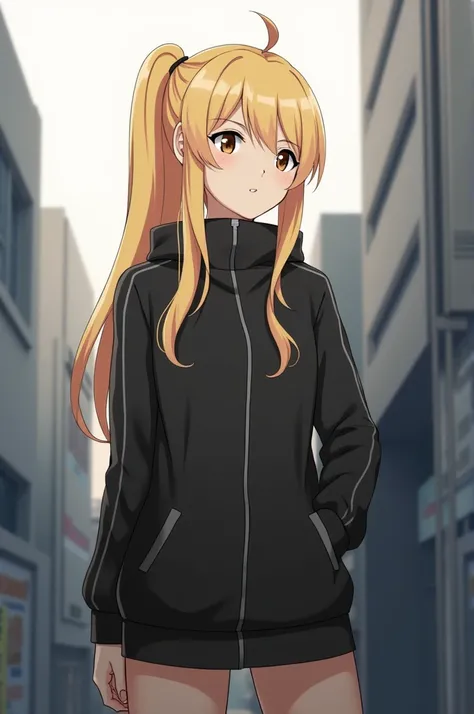 Style: 2D mapa studio jujutsu Kaisen
Gender: Female
Age: Teenager
HAIR DESCRIPTION: Long, messy blonde with bangs to the right side 
SKIN TONE: Light
EYE FEATURES: Light brown
Clothing: Black jacket Jujutsu Kaisen uniform 
Setting: city
Posture: Looking at...