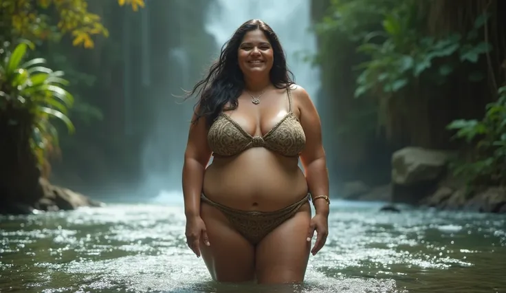 Beautiful native woman in sexually inviting pose, smiling, full body facing the camera, topless, waist deep in a flowing river, waterfall in the background, araffe woman in a sexy Invisibility costume posing for a picture, thick body, curvy build, hyperrea...