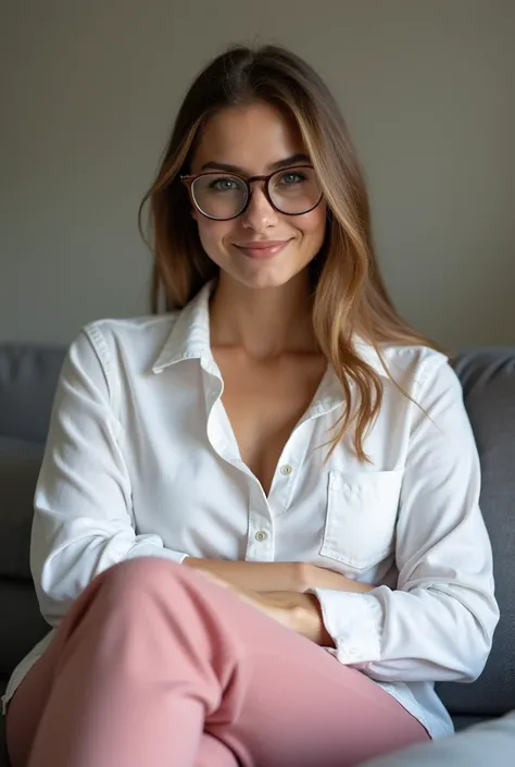 Create a photo of a 30 year old woman, with a slender and beautiful body, wearing a white shirt, braless with bare breasts and wearing pink sweatpants, with white and clear skin, with long light brown hair wearing prescription glasses, and is being wrapped...