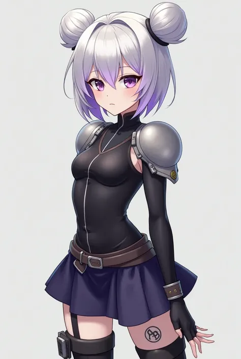 White-haired girl with short purple hair and two buns as a hairstyle on top of her head with 2b clothes from Nier Automata 