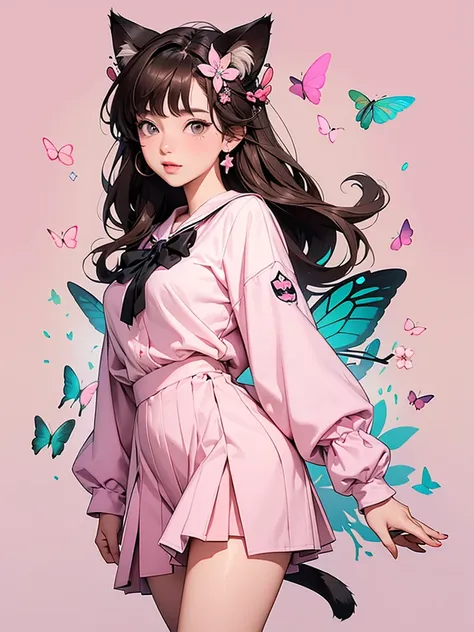 School scout outfit, long hair, brown hair, cat ears, hair ornaments, butterflies background, adult woman, pink and teal outfit, full body.