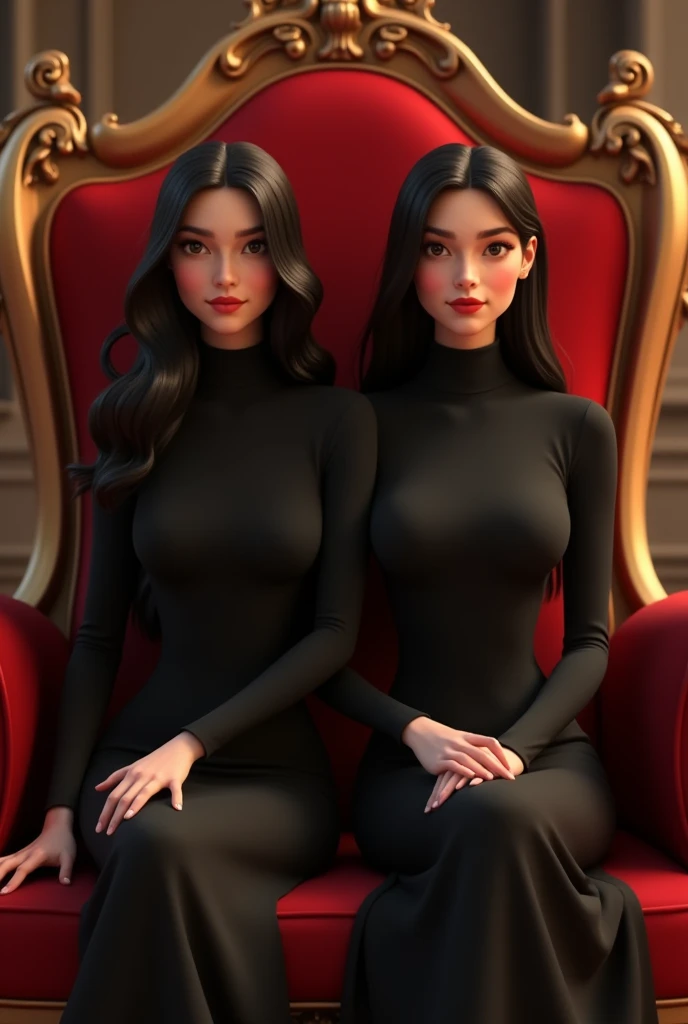 Gorgeous 2 woman with a long hair wear a black turtle neck dress sitting in the red royal chair and her 2 hands put in the armchair. Semi 3d animated portrait.