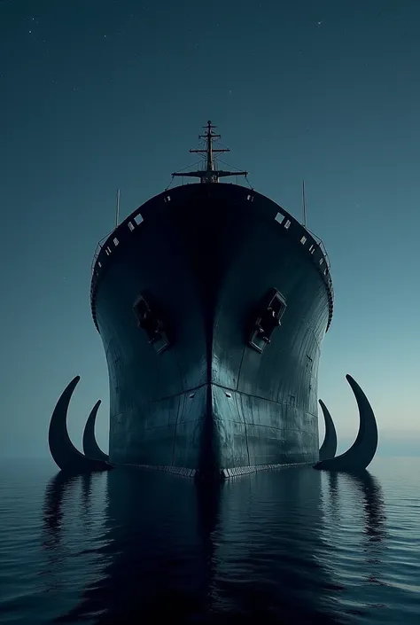 Front view of a huge, black, abandoned oil tanker, the anchors are visible at the ends and are made of polished metal that reflects the sunlight, starry night and calm sea