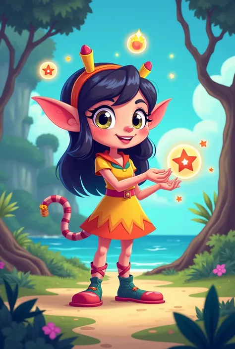 ,Make it more cartoonish and basic Luzia:

Role: Magical helper.
Skills: Provides clues and help in puzzles.
Characteristics: friendly, you knew, has a deep knowledge of the island.
