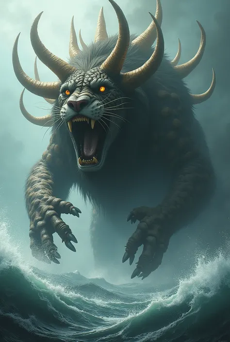 Create a realistic image based on Revelation 13 about the Beast Here is Revelation 13:1-2 NVT
[1] Then I saw a beast come out of the sea. It had ten horns and seven heads, and a crown on each horn. On each head were written names of blasphemies. [2] The be...