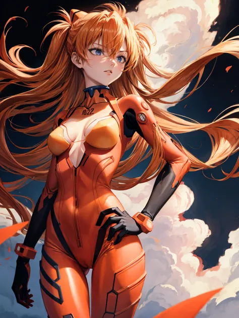 Soryu Asuka Langley, Long orange hair, Shin Evangelion，tightsuit, perfect breasts, cleavage, black background, 