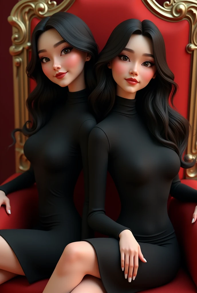 Gorgeous 2 woman with a long hair wear a black turtle neck dress sitting in the red royal chair and the 2 hands put in the armchair. Semi 3d animated portrait.