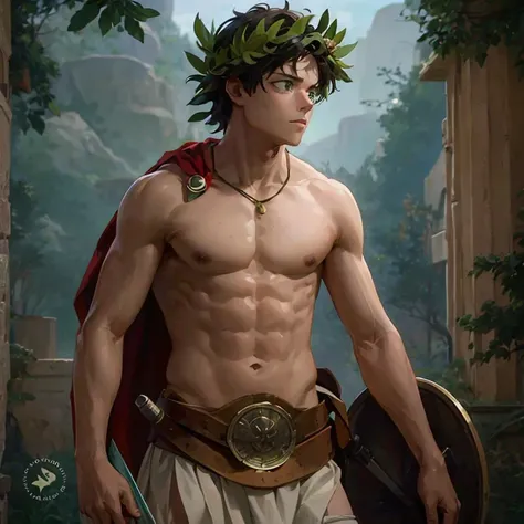 Izuku Midoriya, green fur, sinful, green eyes, greek warrior, shirtless, Greek mythology, son of zeus, forest, Hunter.