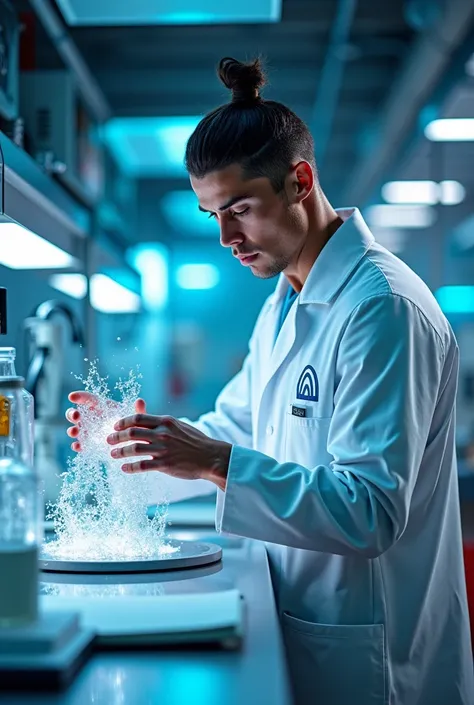 Image for the cover of my notebook with the theme of Cristiano Ronaldo, a scientist performing an experiment in a laboratory (side image