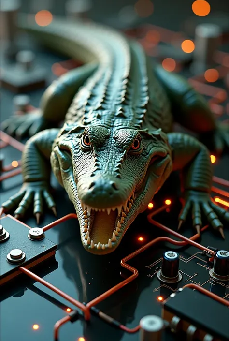 Realistic crocodile with lens working in electrical circuit