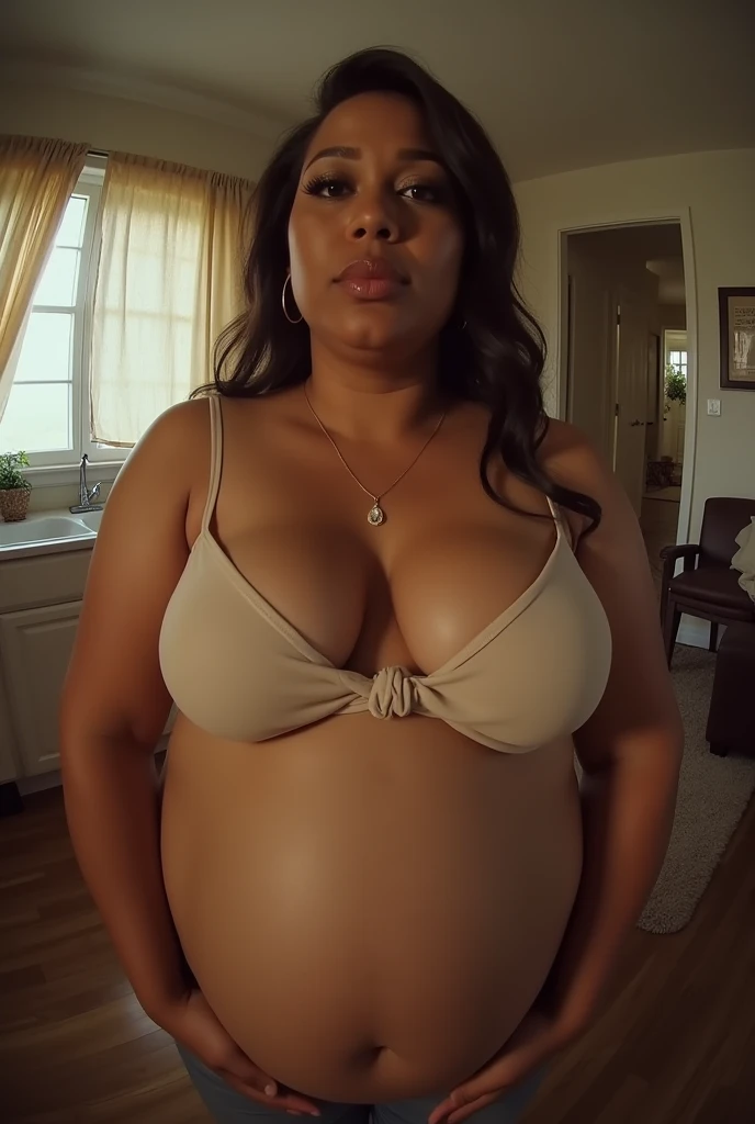 Pov fisheye angle view when having a stepmother cardi b with a plus size body with sagging breasts who is pregnant with a very big stomach around 40 weeks and wants to eat you because she is hungry at your house. HD, realface, cinematic