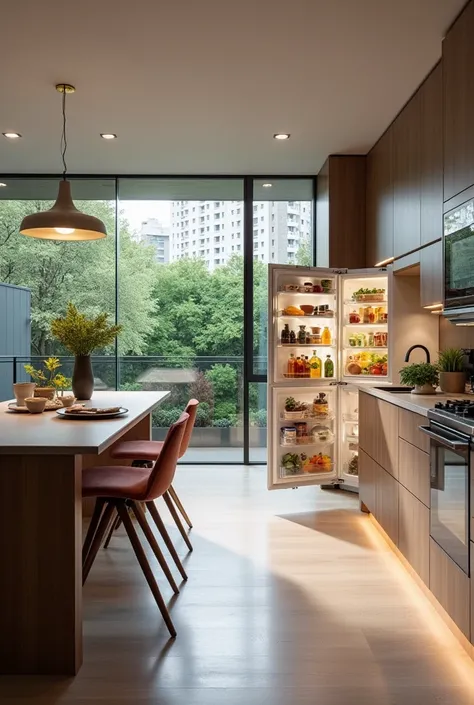 Create a modern kitchen with a table and an OPEN-door refrigerator