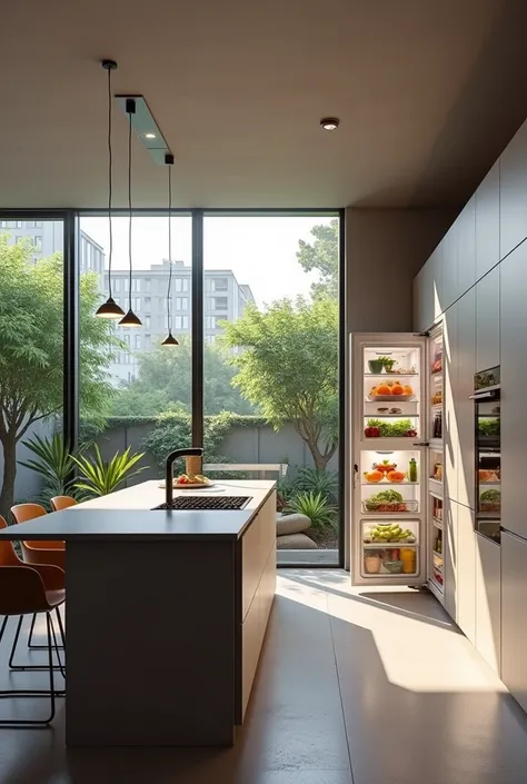 Create a modern kitchen with a table and an OPEN-door refrigerator