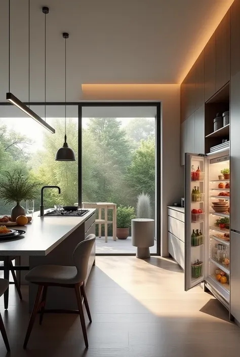 Create a modern kitchen with a table and an OPEN-door refrigerator