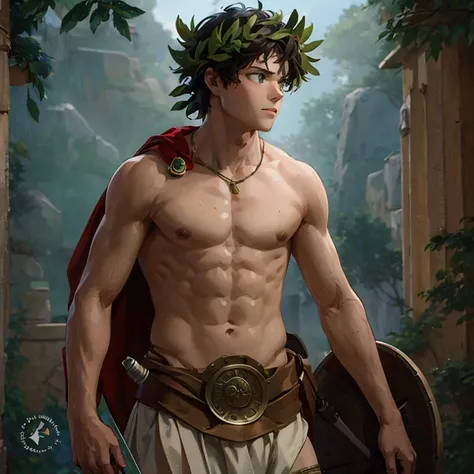 Izuku Midoriya, green fur, sinful, green eyes, greek warrior, shirtless, Greek mythology, son of zeus, forest, Hunter.