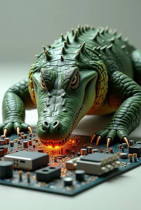 Realistic crocodile with lens working on 
electrical circuit