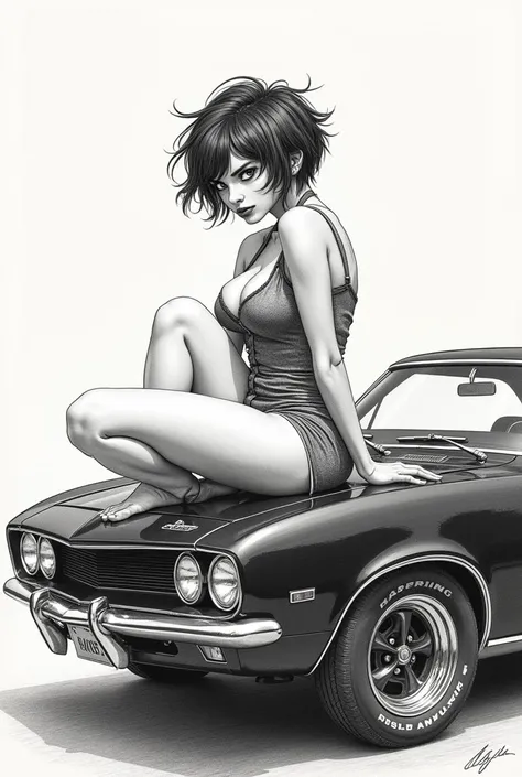 A vintage black n white hand drawing of a horny short haired gypsy girl sitting in the hood of a muscle car