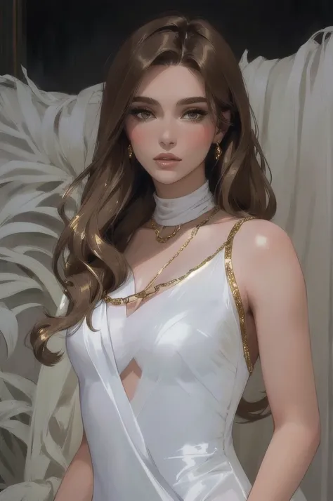 arafed woman in a white dress with a gold chain around her neck,  beautiful female model, very pretty model, white sheer silk, beautiful model, gold chain, shimmering brunette hair, wearing white silk, wearing a white deep v dress, gorgeous young model, [[...