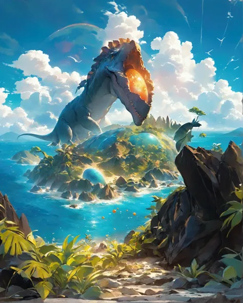 Island in the sea，Fairy tale world，There is a dinosaur egg on the volcano