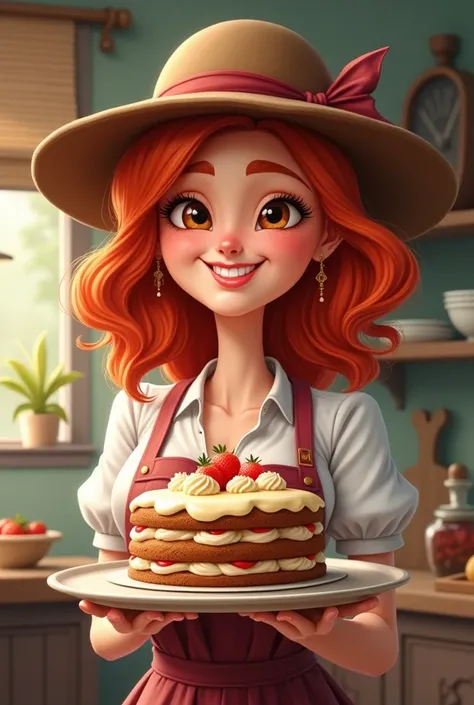 Imagine a woman baker with red hair in a hat with a cake in her hands. Caricature 