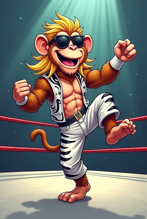 Cartoon monkey dressed like WWE wrestler Shawn Michaels 

Cartoon monkey body. Cartoon monkey head. Cartoon monkey face.


Long blonde mullet hair. White wrist tape. Black sunglasses.
 
White cowboy vest ordain in black zebra stripes. White pants ordained ...