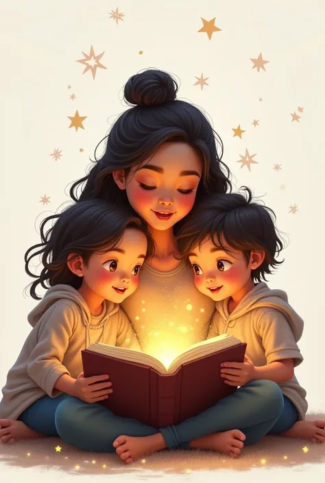 A touching image of a mother sitting with two children, reading a story. The mother holds an open book, from which a soft, magical light emanates, illuminating their faces. The children are captivated, their expressions full of wonder and excitement as the...