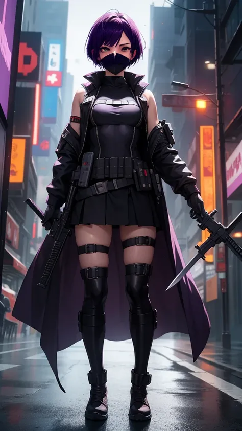  girl  ,    body,  Purple short hair , Face intimidation mask , Hero Stylish Costume , Flat Chest  , Skirt Chador , Bulletproof vest  , Utility Belt  , Military boots , Cyberpunk Style  , knife  , Weapons  . Anti-hero&#39;s Night City