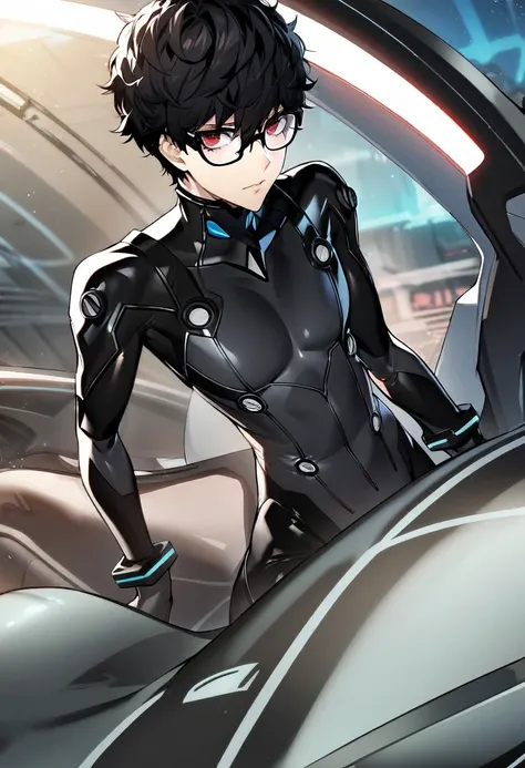 masterpiece, best quality, 1boy, solo, dsjoker, black hair, short hair, red eyes, glasses, pitch black shiny latex plugsuit, plu...