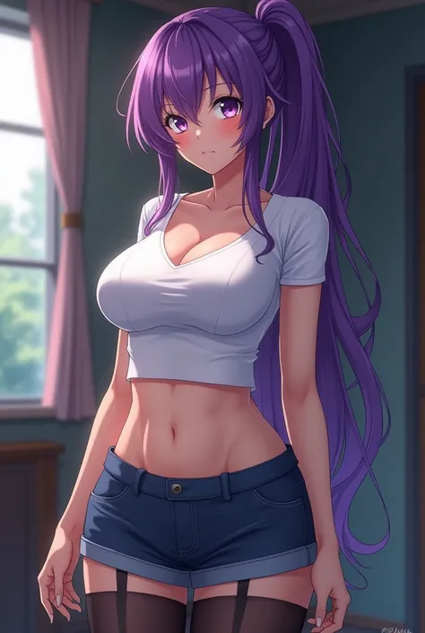 fille avec des cheveux violets attaché yeux violet, seins énormes éclatants chemise blanche manches courtes, hanches larges, gros seins, hauts, shorts bleu, collants haut noirs, jambes légèrement écartées humide 

(Anime)