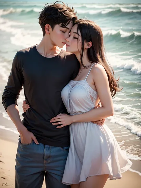 A boy and a girl in their 35s hugging each other, lovely couple, romantic kiss, at beach (detailled image.)