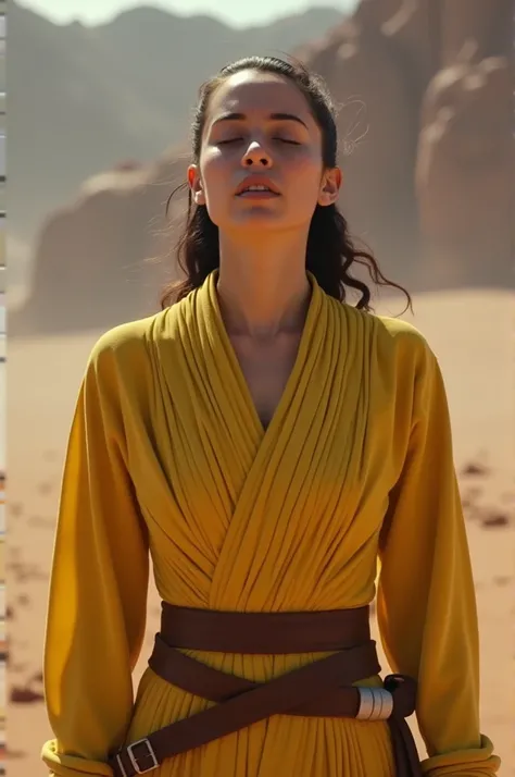 Rey Skywalker is breathing Very deeply inflating her chest, wearing a yellow Tight yellow uniform, 4k resolution,  detailed, Cinematic scene